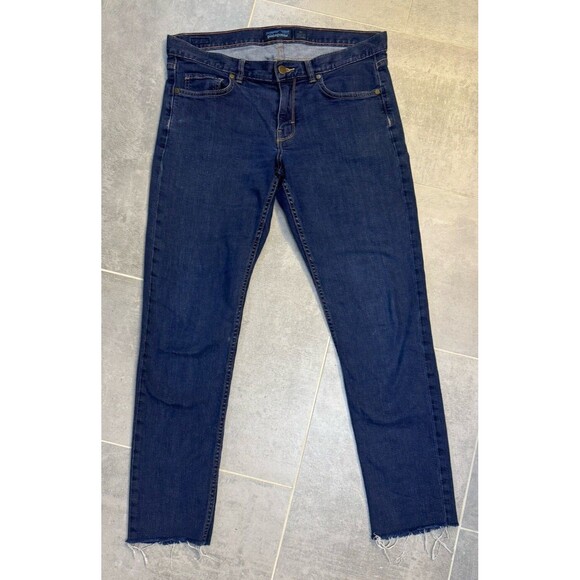 Patagonia Jeans Womens 31 Blue Slim Fit Mid Rise Dark Wash Stretch Denim Raw Hem - Picture 1 of 11